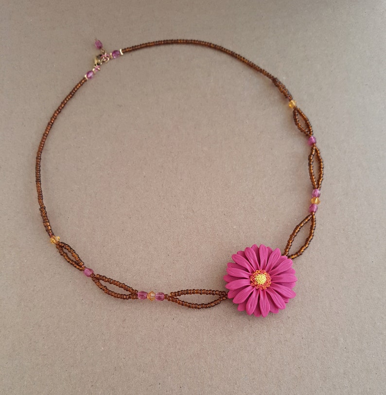 Dark pink flower necklace, gerbera daisy necklace, brown seed bead necklace, flower girl gift, jewelry handmade from polymer clay, boho image 1