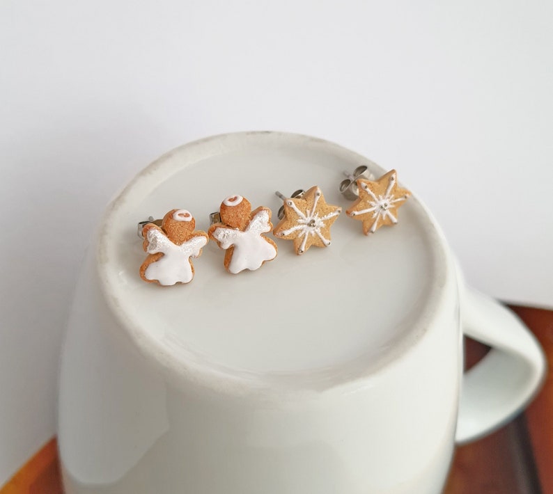 Christmas cookie studs, angel and Christmas star cookie stud earrings, Xmas cookie studs, inedible jewelry, miniature food, holiday jewelry image 5