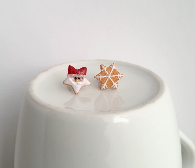 Christmas cookie stud earrings, Santa star cookie stud earrings, snowflake cookie studs, inedible jewelry, miniature food, holiday jewelry image 7