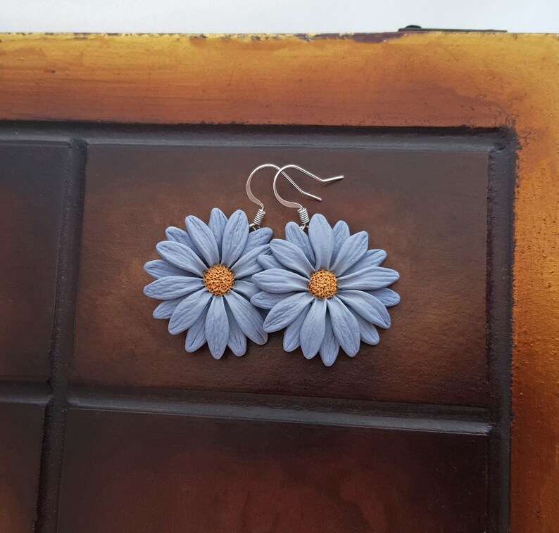 Light blue gray flower earrings, daisy earrings, polymer clay flower jewelry, blue and yellow earrings, gerbera daisy flowers, boho jewelry image 3