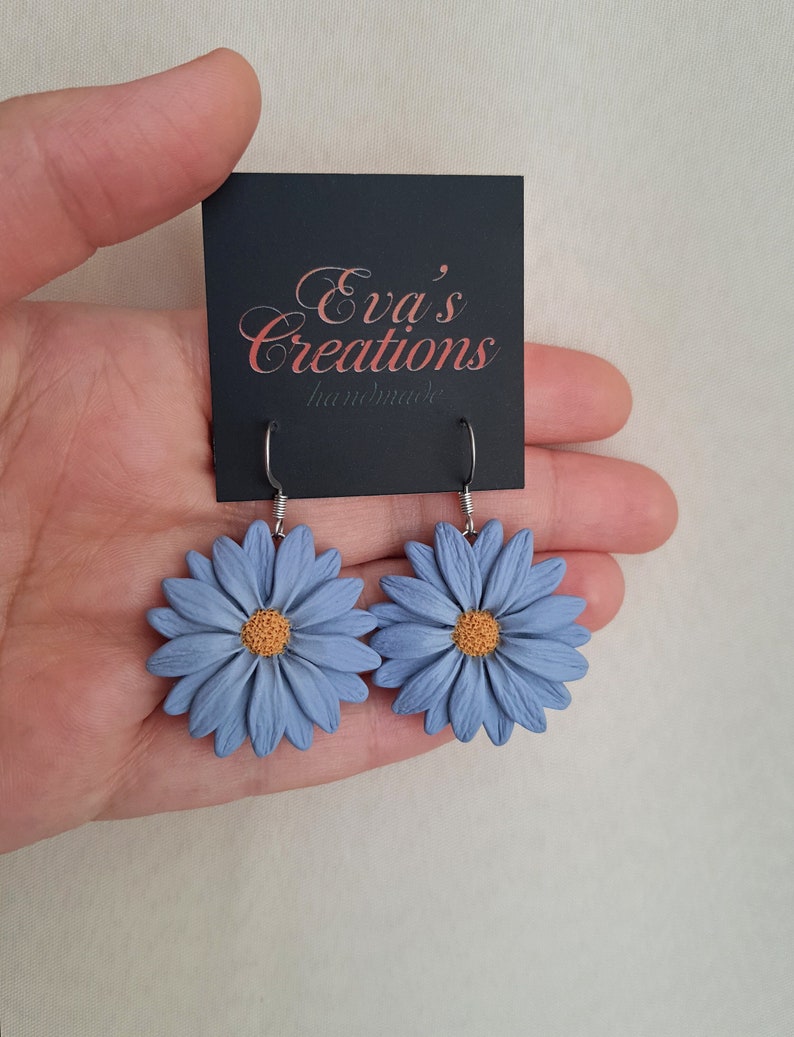 Light blue gray flower earrings, daisy earrings, polymer clay flower jewelry, blue and yellow earrings, gerbera daisy flowers, boho jewelry image 10