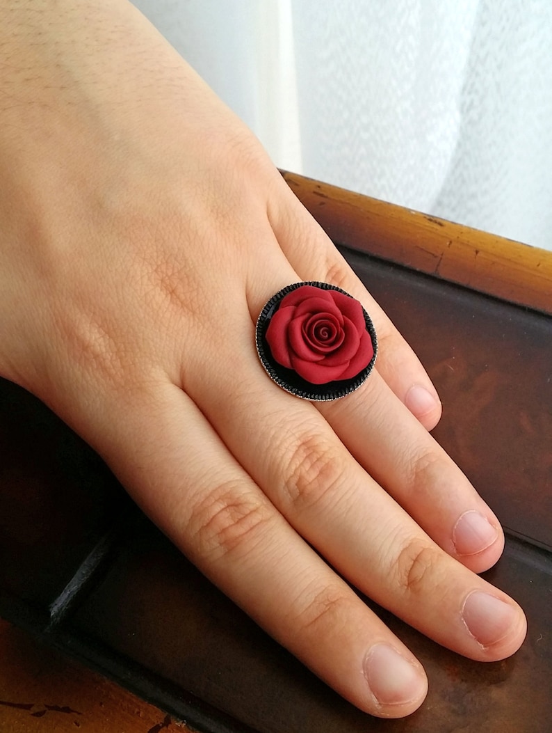 red rose emerge from black lake flower jewelry red /& black red rose flower gothic ring handmade from polymer clay Red rose round ring