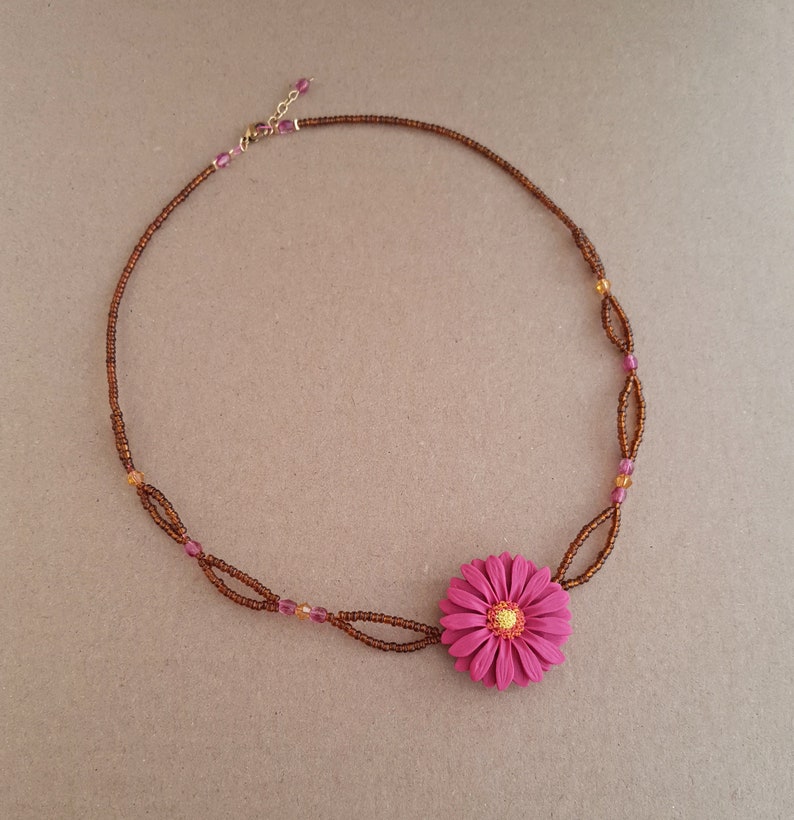 Dark pink flower necklace, gerbera daisy necklace, brown seed bead necklace, flower girl gift, jewelry handmade from polymer clay, boho image 3