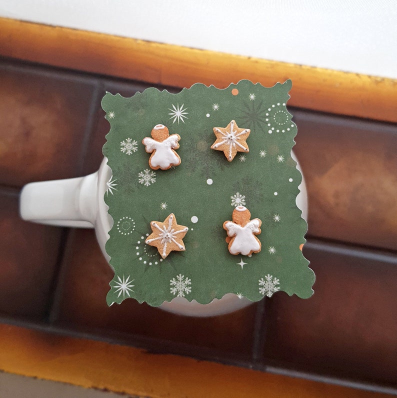 Christmas cookie studs, angel and Christmas star cookie stud earrings, Xmas cookie studs, inedible jewelry, miniature food, holiday jewelry image 1