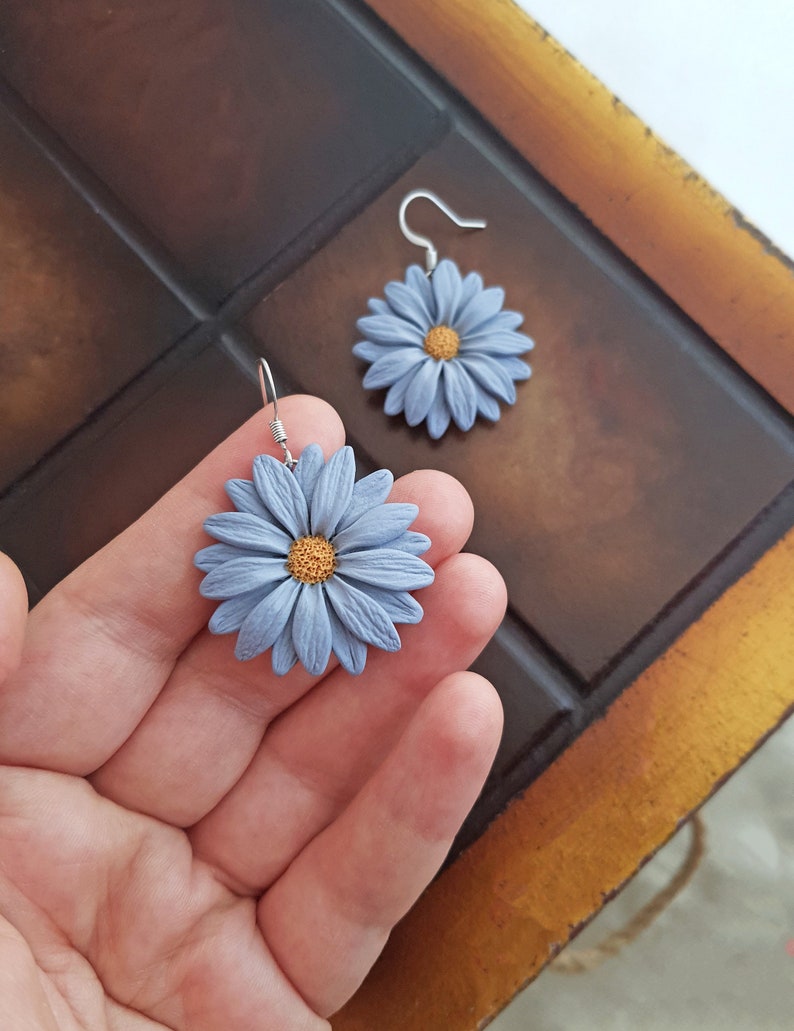 Light blue gray flower earrings, daisy earrings, polymer clay flower jewelry, blue and yellow earrings, gerbera daisy flowers, boho jewelry image 7