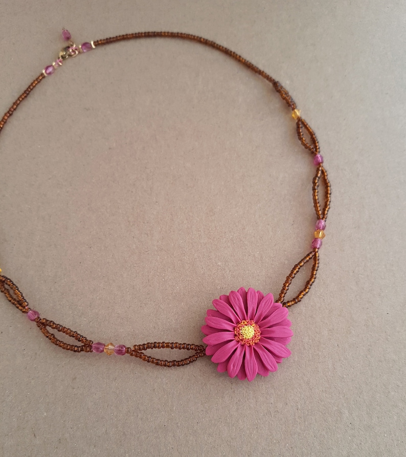 Dark pink flower necklace, gerbera daisy necklace, brown seed bead necklace, flower girl gift, jewelry handmade from polymer clay, boho image 2