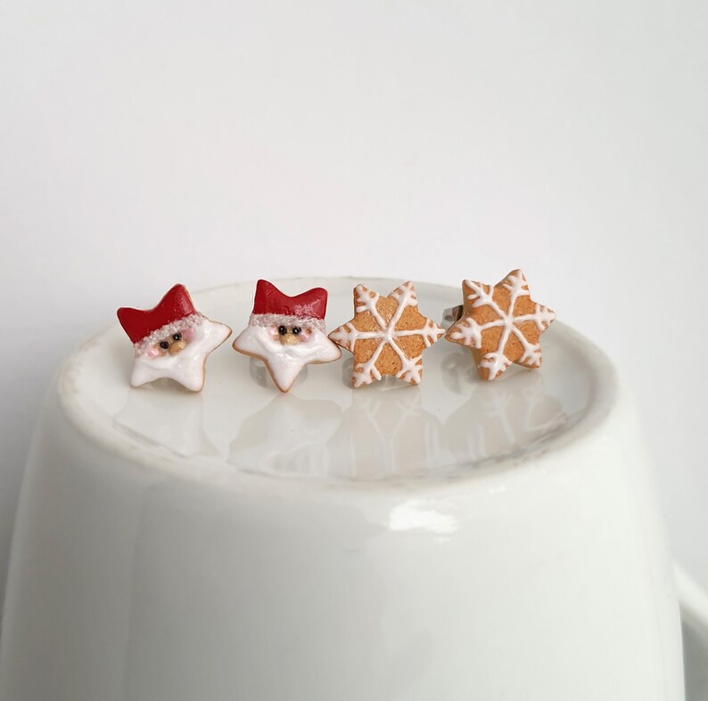 Christmas cookie stud earrings, Santa star cookie stud earrings, snowflake cookie studs, inedible jewelry, miniature food, holiday jewelry image 3