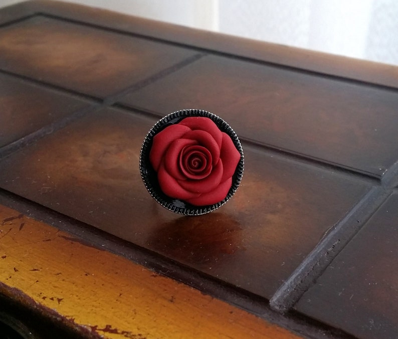 red rose emerge from black lake flower jewelry red /& black red rose flower gothic ring handmade from polymer clay Red rose round ring