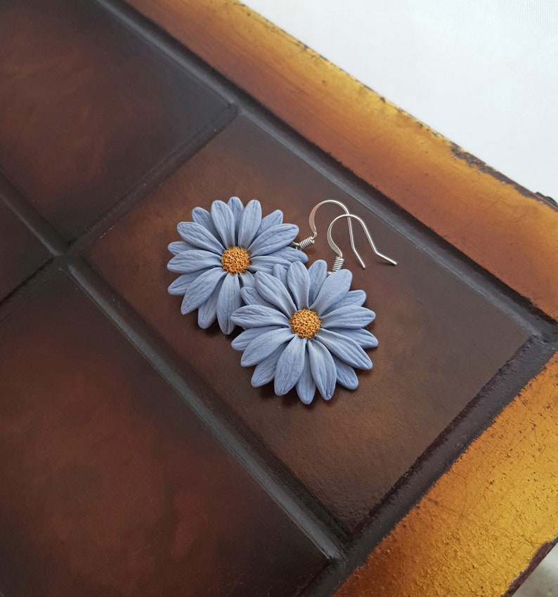 Light blue gray flower earrings, daisy earrings, polymer clay flower jewelry, blue and yellow earrings, gerbera daisy flowers, boho jewelry image 2