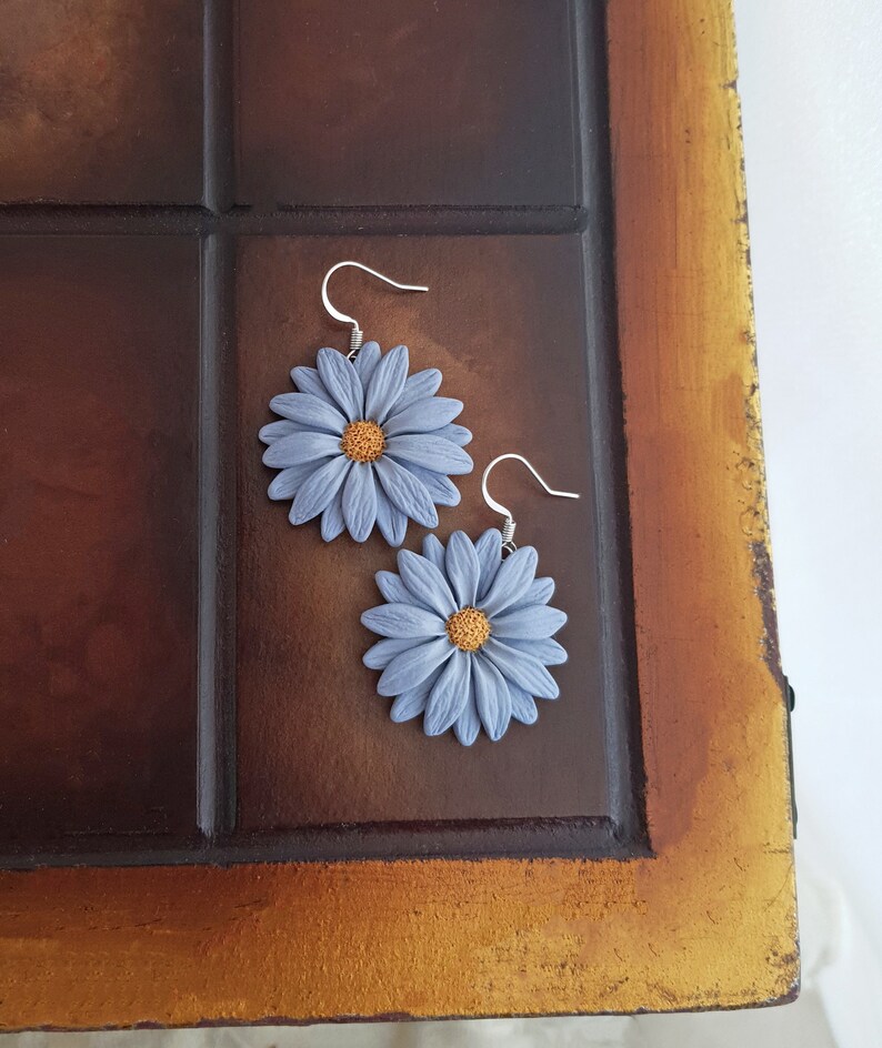 Light blue gray flower earrings, daisy earrings, polymer clay flower jewelry, blue and yellow earrings, gerbera daisy flowers, boho jewelry image 6