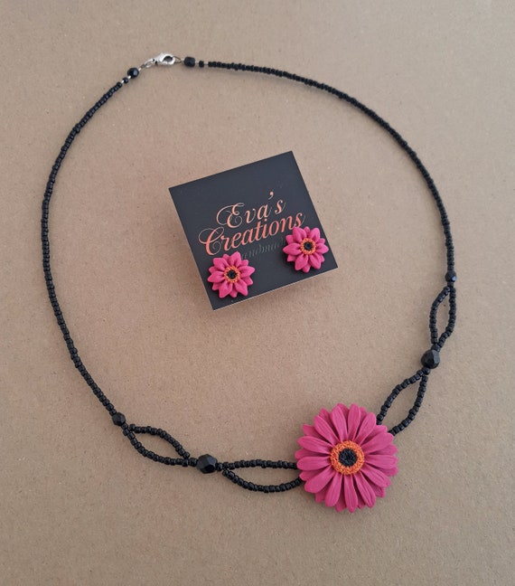 Dark pink daisy flower jewelry set daisy flower necklace daisy stud earrings gerbera daisy jewelry from polymer clay choker necklace