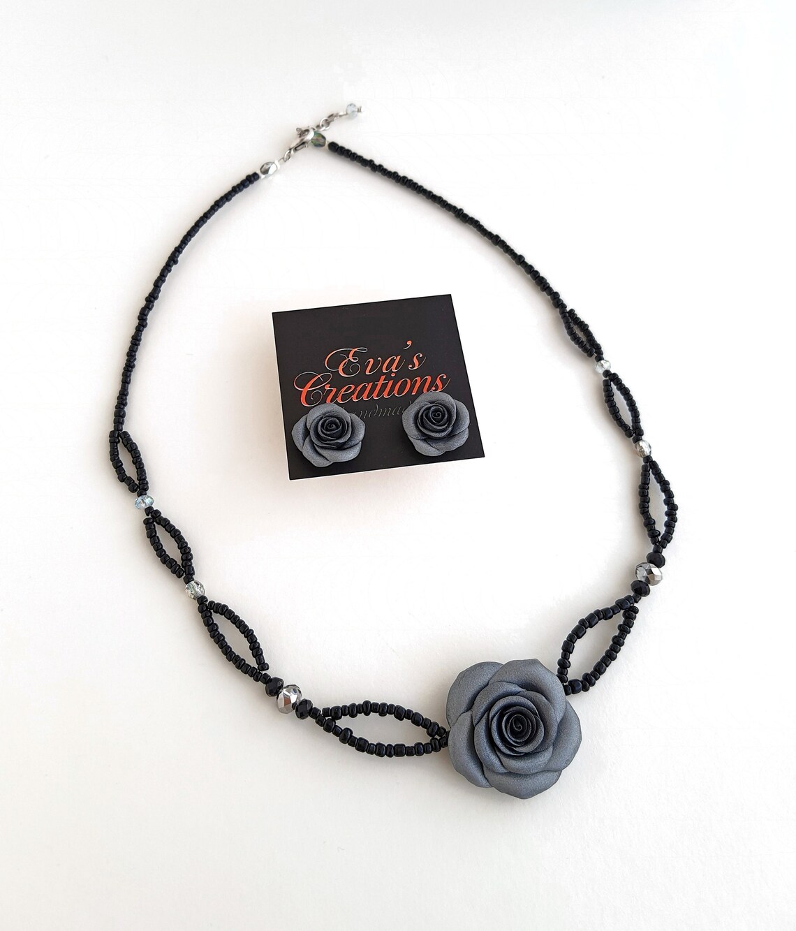 Silver Rose Flower Jewelry Set Black Seed Bead Choker Etsy