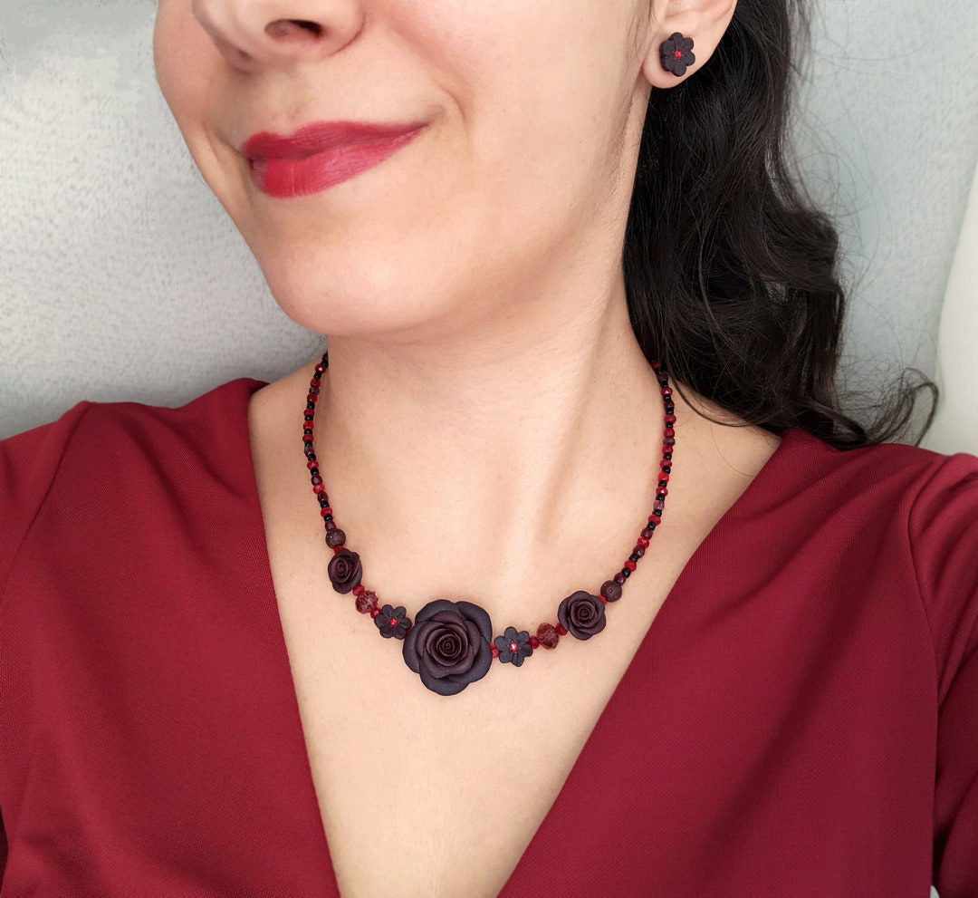 Rose Flower Jewelry Set Dark Purple and Red Flower Necklace Etsy