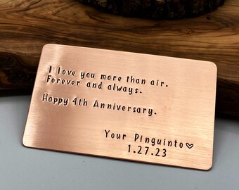 4th anniversary gift, Copper Wallet Insert, anniversary gift for him, boyfriend gift, unique anniversary gift, love note