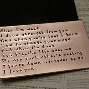 Love note, Copper Wallet Insert, 7th anniversary gift image 1
