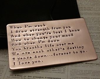 Love note, Copper Wallet Insert, 7th anniversary gift