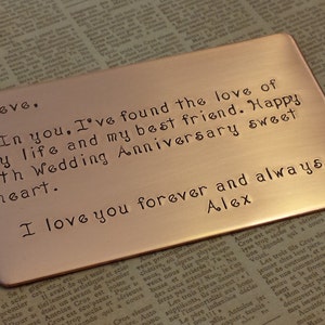 Love note, Copper Wallet Insert, 7th anniversary gift