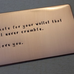 Love note, Copper Wallet Insert, 7th anniversary gift afbeelding 1