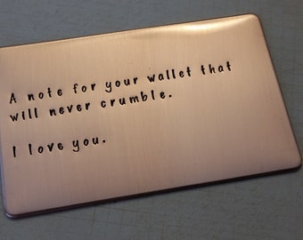 Love note, Copper Wallet Insert, 7th anniversary gift