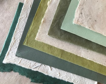 Full sheets Leafy greens mixed paper pack, Green & natural colours paper samples, Nepalese Washi, bamboo leaf paper, lokta, ingres paper