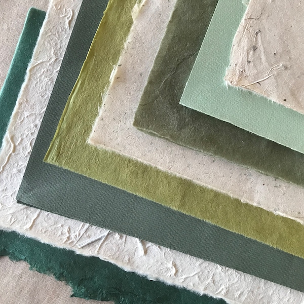 Small pieces Leafy greens mixed paper pack, Green & natural colours paper samples, Nepalese Washi, bamboo leaf paper, lokta, ingres paper
