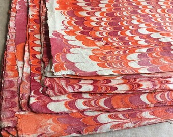 Wavy Red Full Sheets Marbled Sunn Hemp Paper, Artisan made Islamic Hemp paper, red orange cream marbled book binding cover or end papers