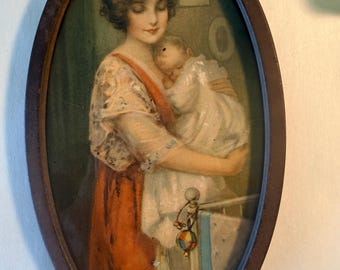 Vintage Mother & Baby Print Framed Oval Wall Art | Antique Style Madonna Nursery Decor | Victorian Style Portrait | Cottagecore Wall Hanging