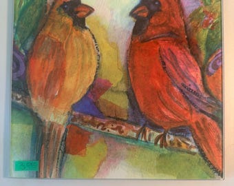 Linda S. Altshuler Cardinal Glass Plaque “Balance” Birds Countertop Decor