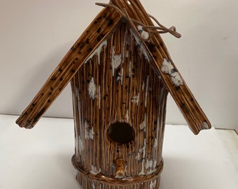 Handmade one of a kind Ceramic Brown Crystal Glazed Birdhouse.