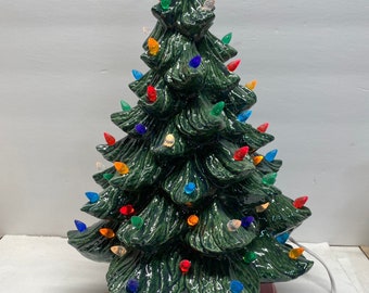 Handmade ceramic 16" Nowell Christmas Tree with red base and lights