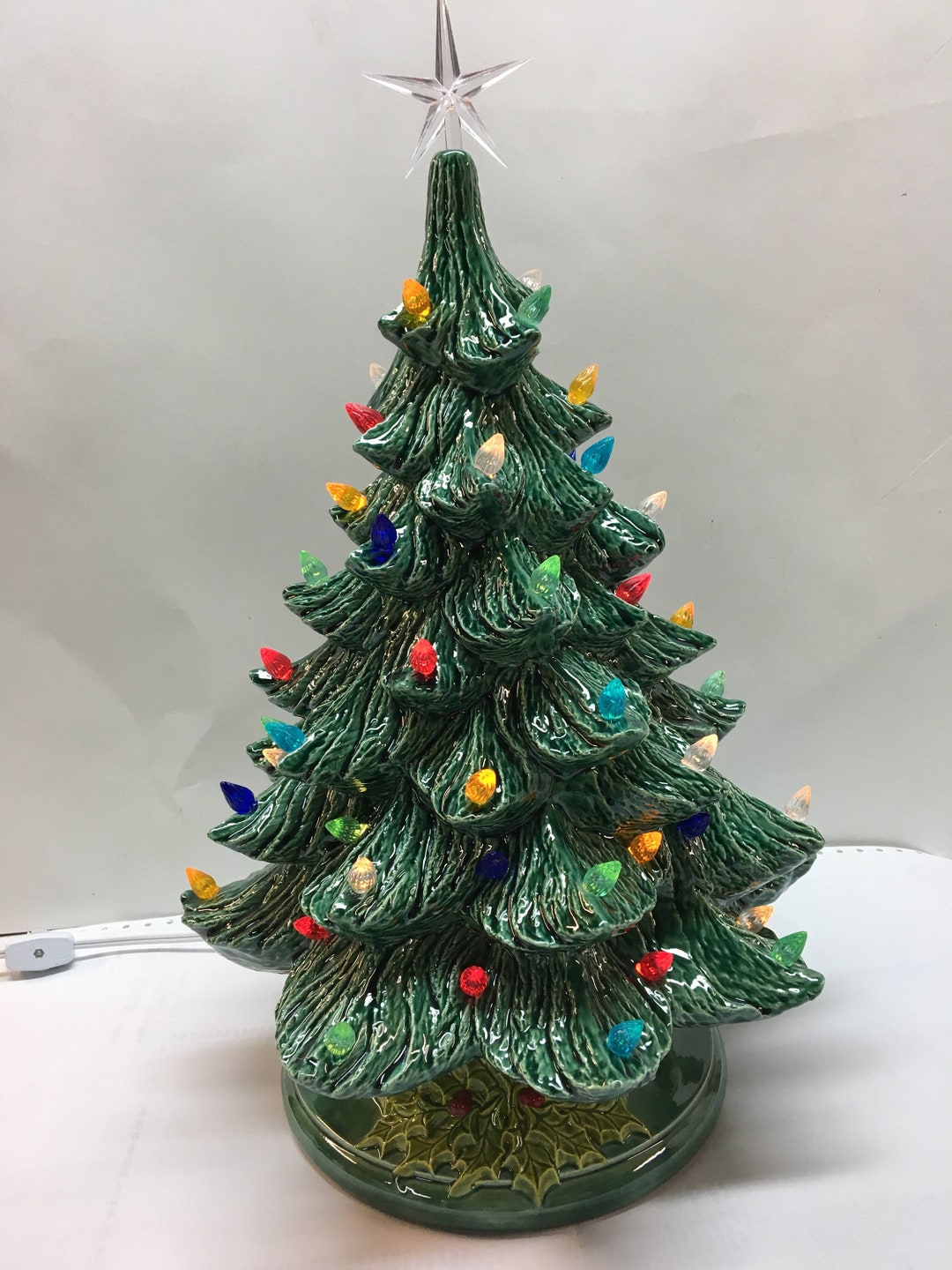 Handmade Ceramic 16 Christmas Nowell Tree With Green Holly Leaf Base Etsy