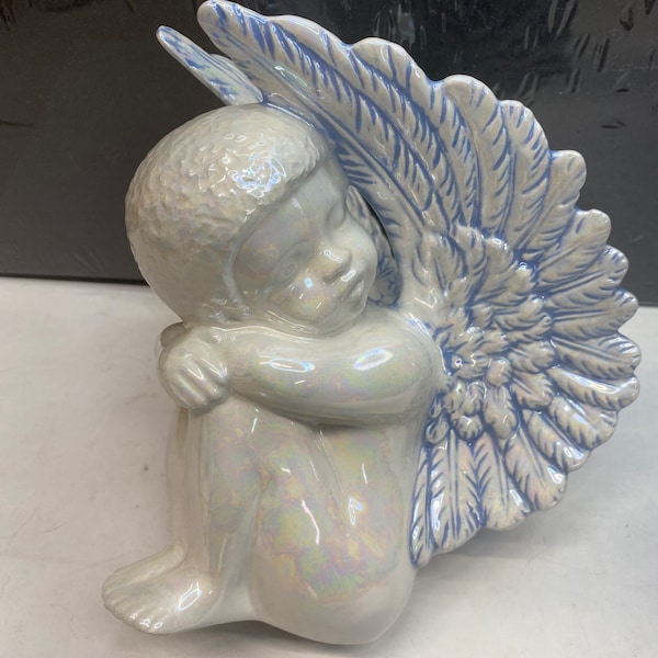 One of a kind handmade ceramic glazed cherub with mother of Pearl