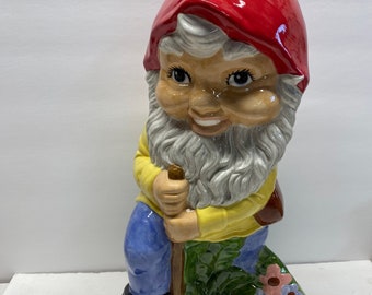 Handmade one of a kind ceramic large gnome with shovel.