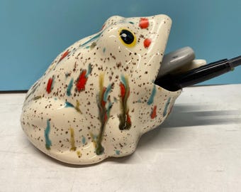 One of a kind Handmade ceramic glazed open mouth frog sponge, pencil,or  paper clip holder.
