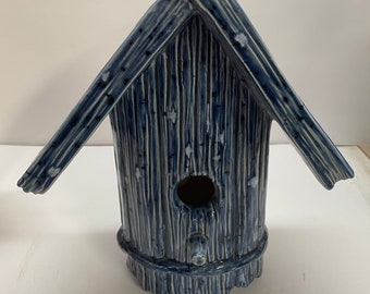 Handmade one of a kind Ceramic Blue Crystal Glazed Birdhouse.