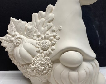 Hand poured ceramic ready to paint bisque large Autumn gnome.