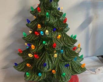 Handmade ceramic 16&quot; Nowell Christmas Tree with red base and lights
