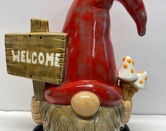 Handmade one of a kind ceramic Finn welcome gnome.