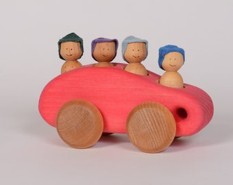 Red wooden minibus, wooden car, red car