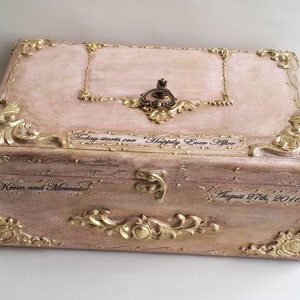 Blush pink gold wooden wedding card box,Golden vintage baroque ornaments,Personalization-the names and the wedding date. Blush gold card box image 1