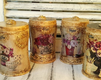 Canister,Kitchen canisters,Set of 4,Tin canisters,Storage boxes,Spice rack,Relievo ornamented,coffee canister,sugar and flour canister