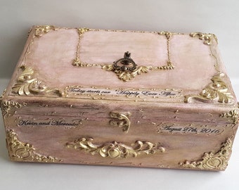 Blush pink gold wooden wedding card box,Golden vintage baroque ornaments,Personalization-the names and the wedding date. Blush gold card box