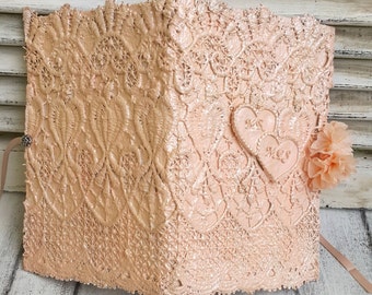 Unique wedding guest book,Rose Quartz Lace Wedding guest book, Custom order wedding book, Peach guest book, Coral guest book, Personalized