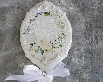 Vanity Hand Mirror, Wooden Mirror,Shabby chic Mirror,Ornate French Make up Mirror,Personalized gift, Antique Vanity set,White Roses mirror