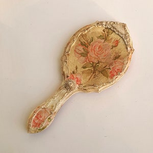 Eitelkeits-Handspiegel, Holzspiegel, Shabby-Chic-Rosenspiegel, verzierter französischer Schminkspiegel, personalisiertes Geschenk, barocker Waschtisch-Set, Taschenspiegel