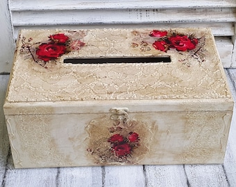 Wedding card box,Wedding keepsake box,Wedding reception decoration,Wedding memory box,Red roses card holder,Lace and roses box,Storage box
