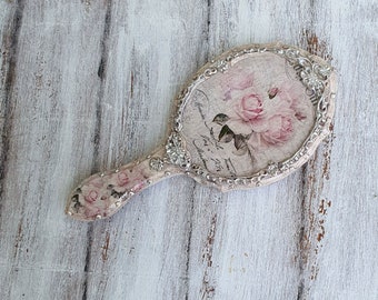 Handspiegel aus Holz, Spiegel aus Holz, Shabby chic Spiegel, verzierter französischer Schminkspiegel, personalisiertes Geschenk, antikes Eitelkeitsset, Rosenspiegel