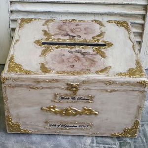 Trouwkaart doos, Bruiloft aandenken doos, Bruiloft fee gouden doos, Bruiloft geheugen doos, Gepersonaliseerde geheugendoos, Ivoor en gouden bloemen trouwdoos