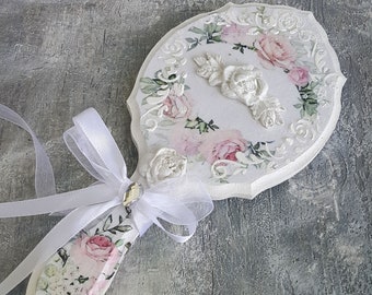 Vanity Hand Mirror, Wooden Mirror,Shabby chic Mirror,Ornate French Make up Mirror,Personalized gift, Antique Vanity set,Roses mirror