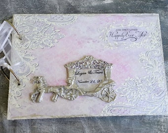 Once Upon a Time wedding guest book, Fairytale guest book, Wedding couple carriage silver,Personalised Wedding Guest Book,Wooden covers book